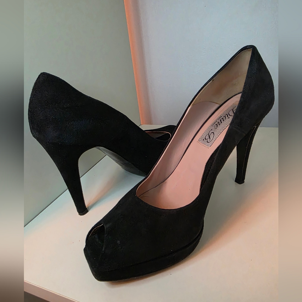 Diane B Milano Black Suede Peep Toe Platform Heels Size 39.5 (Made In Italy)